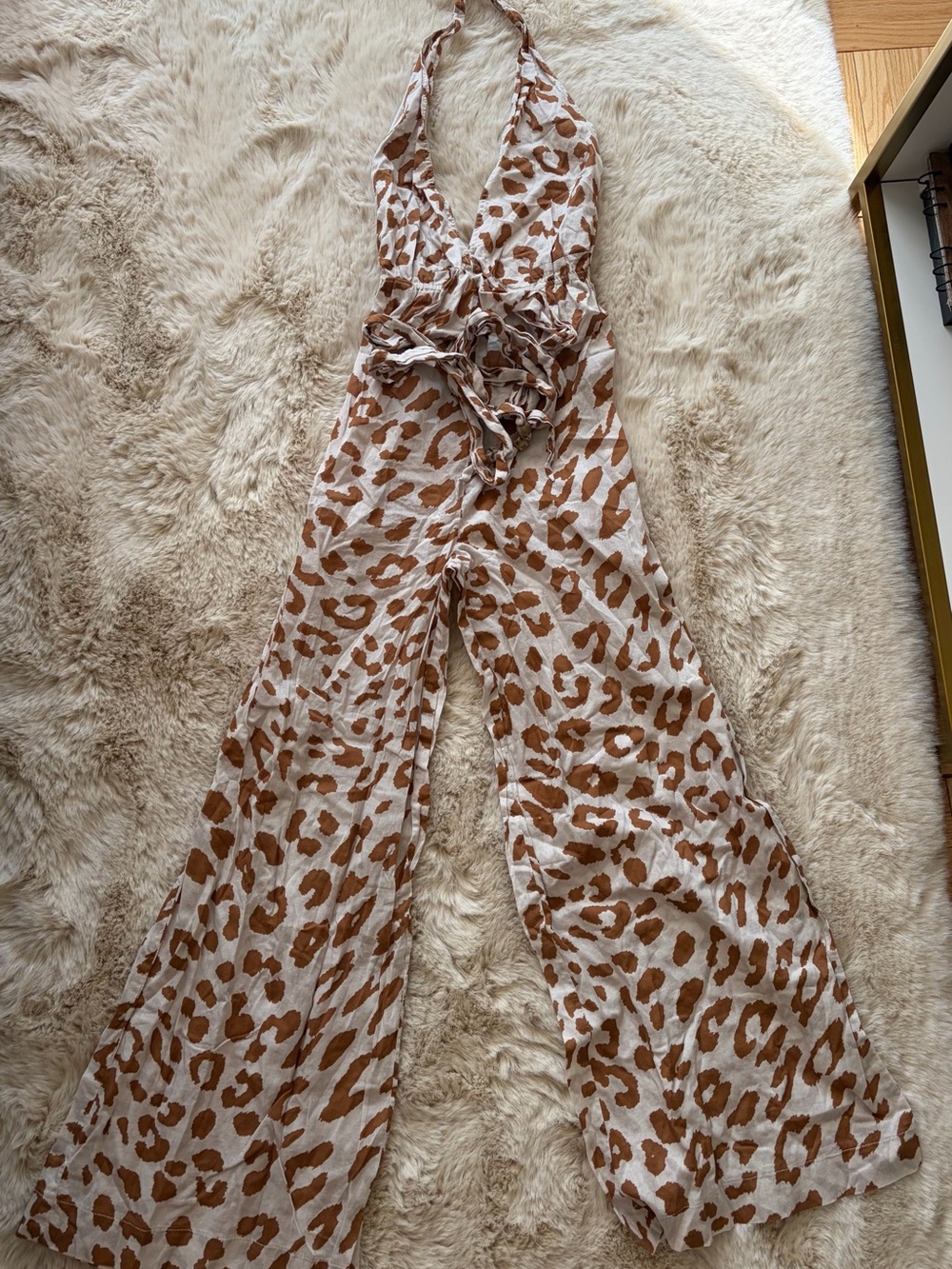 Nanushka Cream and Brown Leopard Halter Jumpsuit